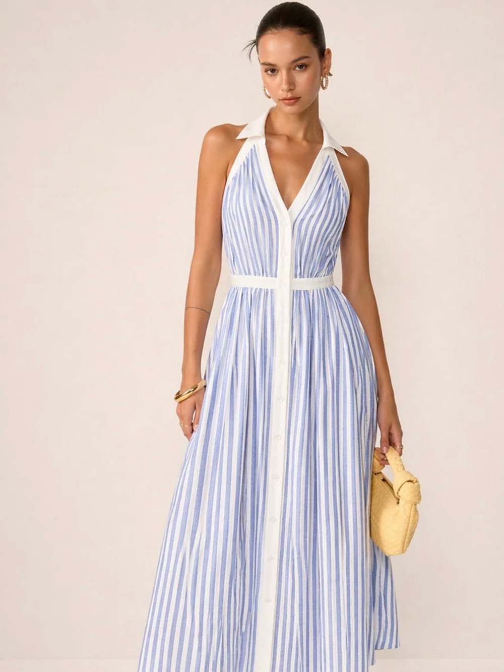 Commense Striped Cotton Blend Collared Halter Midi Dress - Large